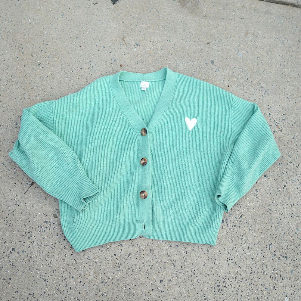A New Day Mint Green Knit Cardigan Sweater 2XL Heart Embroidered V-Neck Button